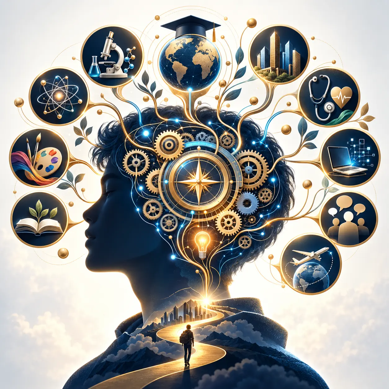 A student profile surrounded by interconnected symbols representing education, abilities and career possibilities