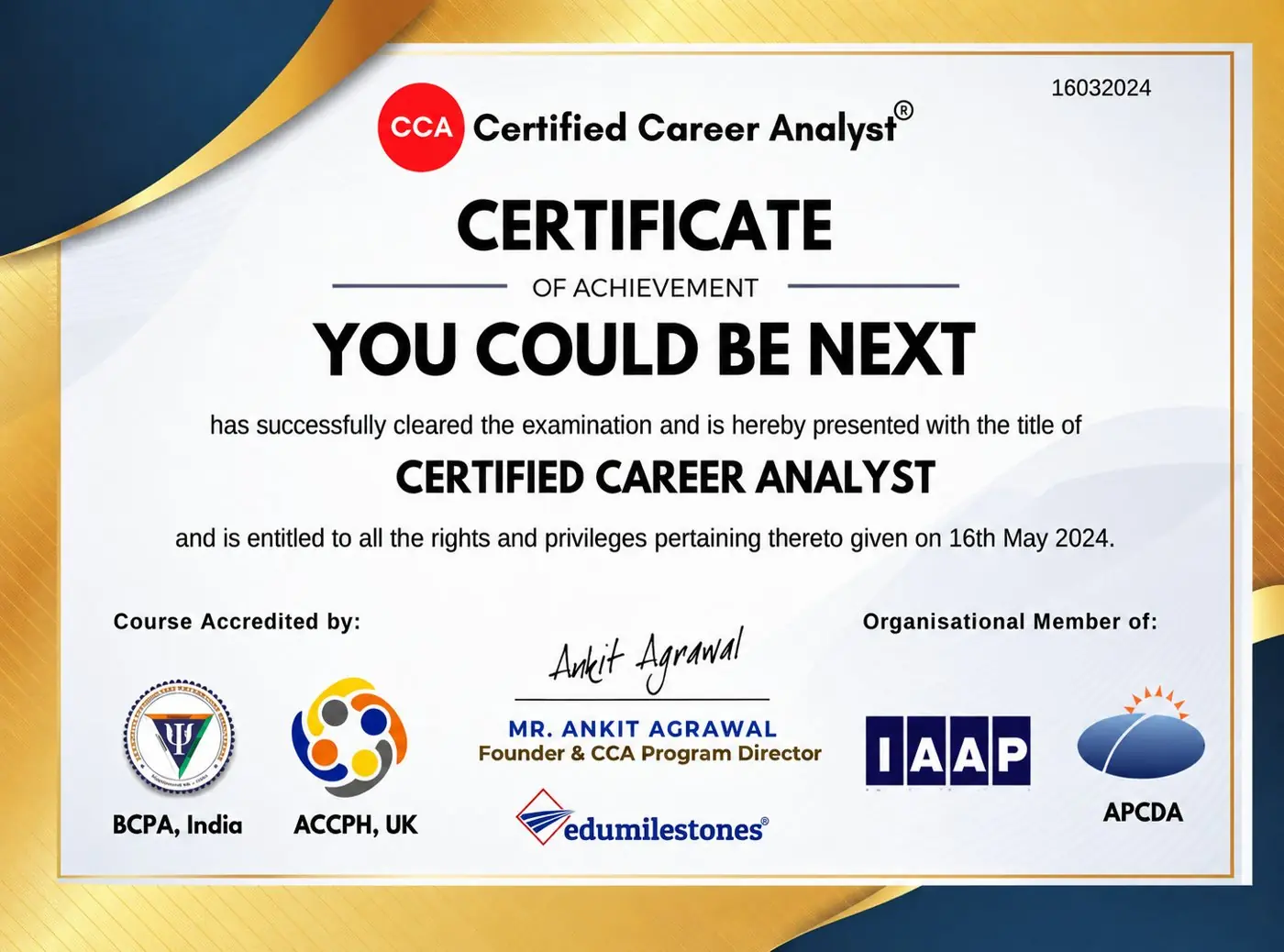 Sample Certified Career Analyst (CCA) certificate, accredited by BCPA India and ACCPH UK