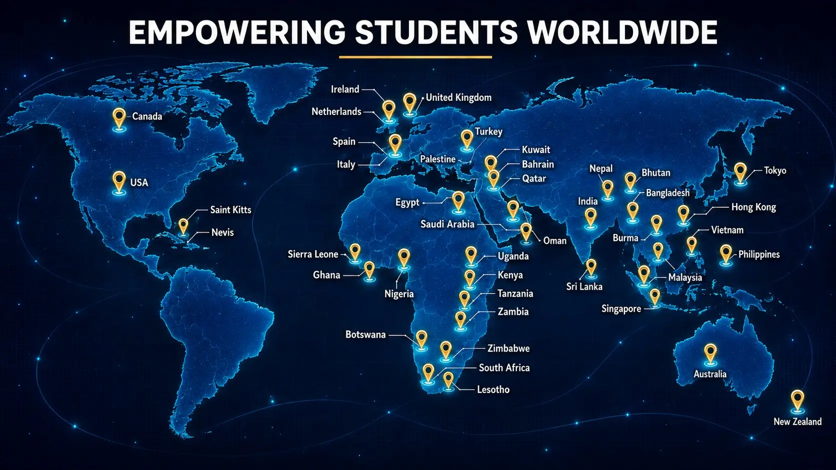 World map titled Empowering Students Worldwide, showing career guidance reach across countries including Canada, USA, United Kingdom, Ireland, Netherlands, Spain, Italy, Turkey, Saudi Arabia, UAE region, India, Nepal, Bhutan, Bangladesh, Sri Lanka, Malaysia, Singapore, Philippines, Vietnam, Hong Kong, Tokyo, Australia, New Zealand, and several African nations