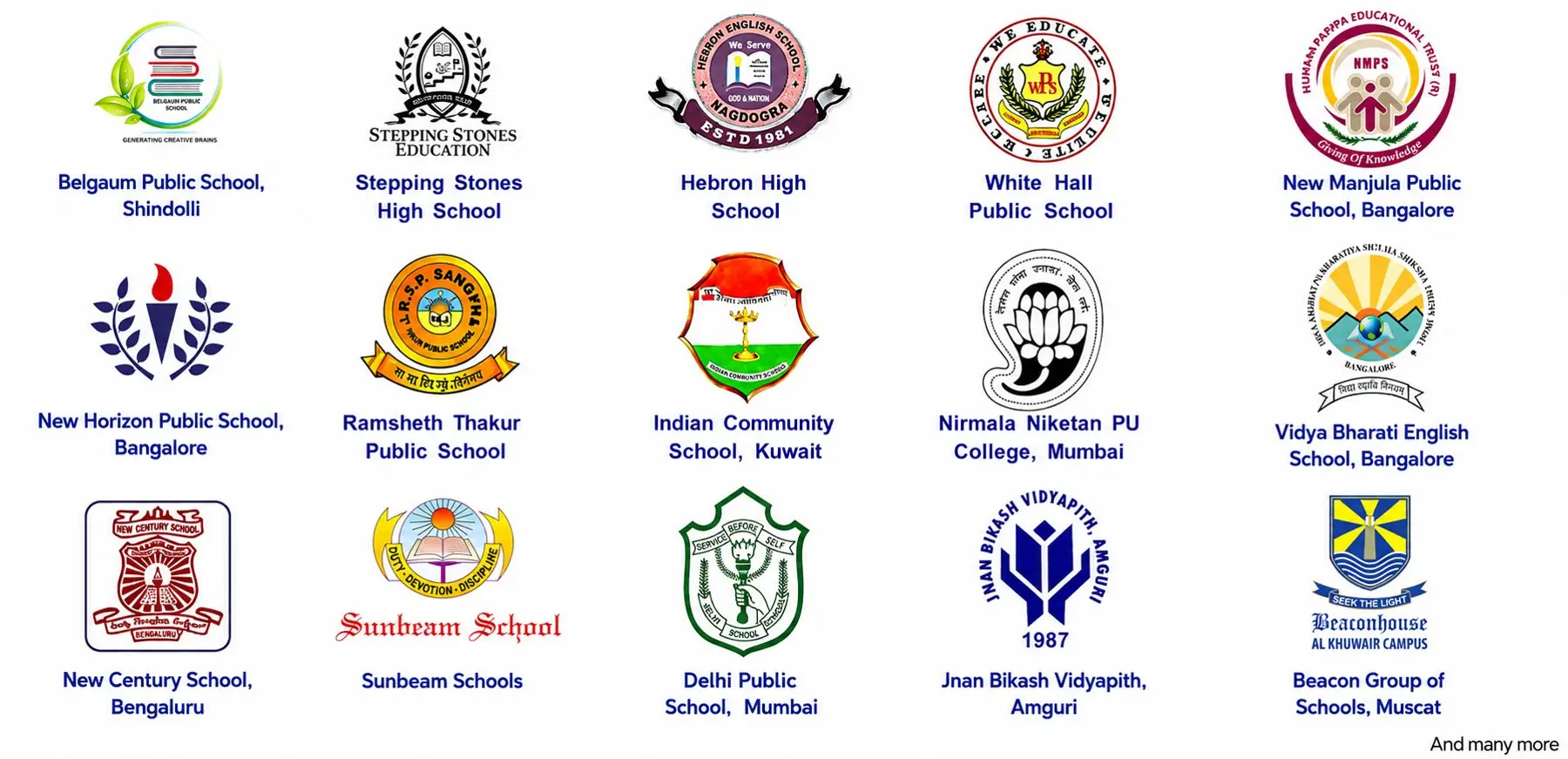 Logos of schools where Career Lab has been implemented, including Belgaum Public School, Stepping Stones High School, Hebron High School, White Hall Public School, New Manjula Public School, New Horizon Public School, Ramsheth Thakur Public School, Indian Community School Kuwait, Nirmala Niketan PU College, Vidya Bharati English School, New Century School, Sunbeam Schools, Delhi Public School Mumbai, Jnan Bikash Vidyapith, and Beacon Group of Schools