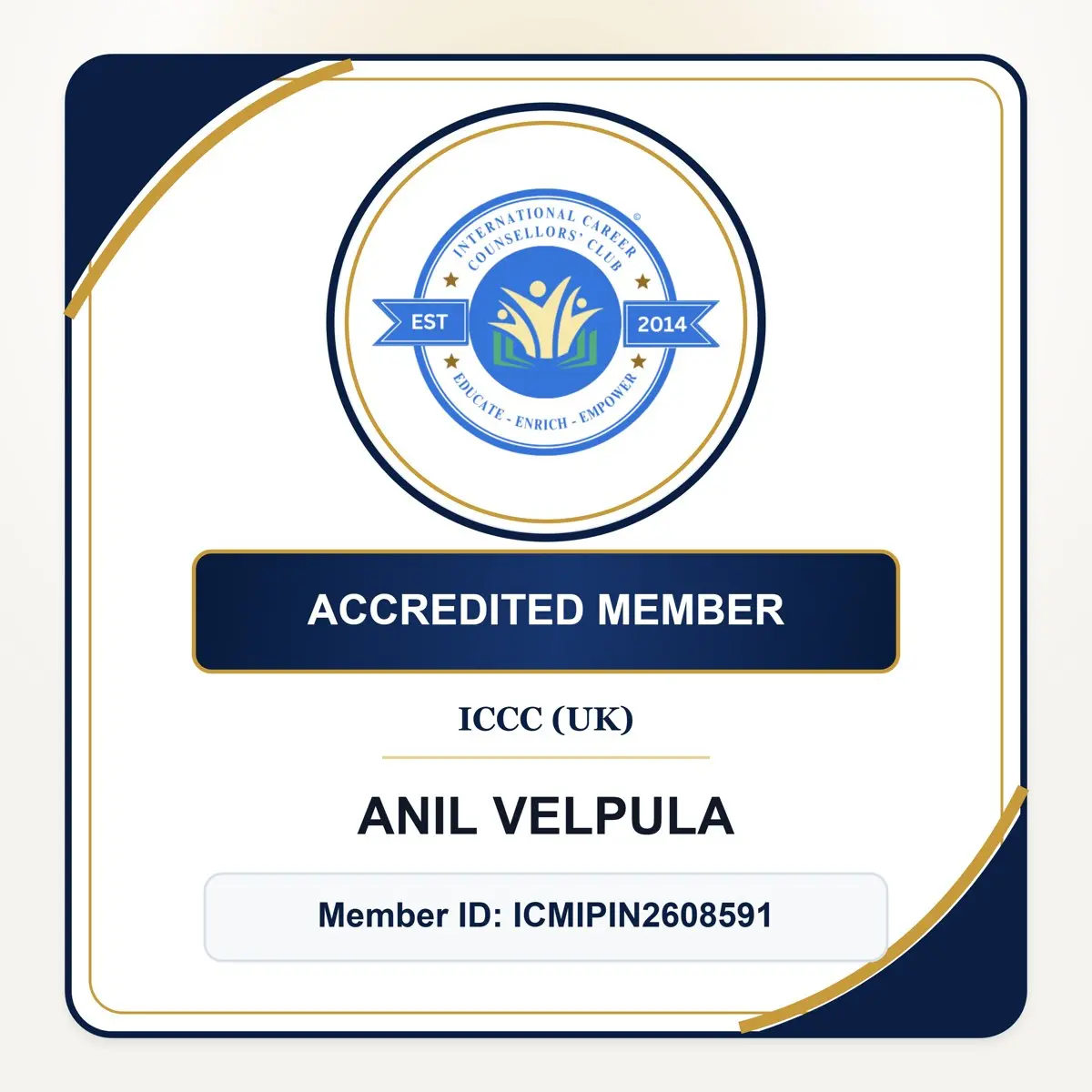International Career Counsellors' Club UK Accredited Member badge for Anil Velpula, Member ID ICMIPIN2608591