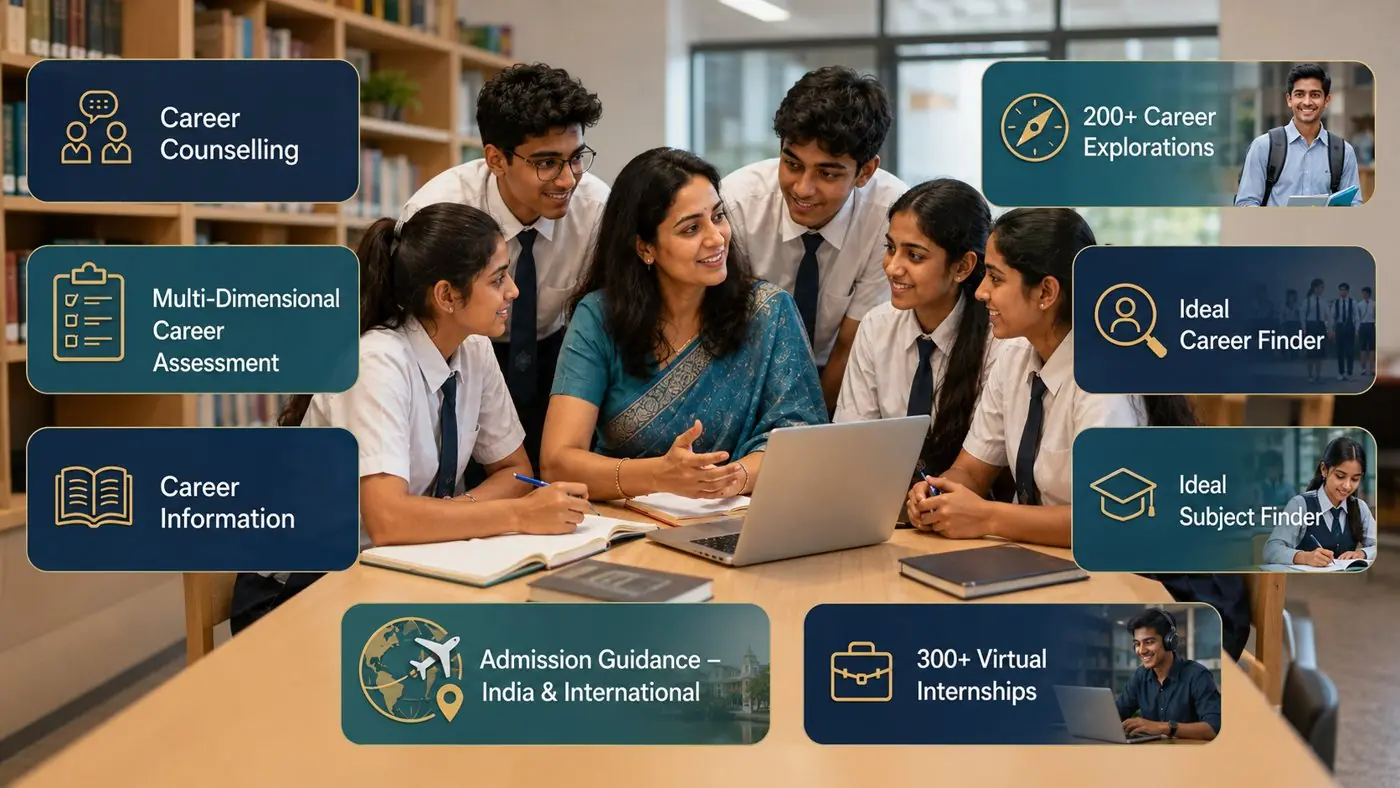 Career Lab features: career counselling, multi-dimensional assessment, career information, admission guidance, career explorations, ideal career finder, ideal subject finder, and virtual internships