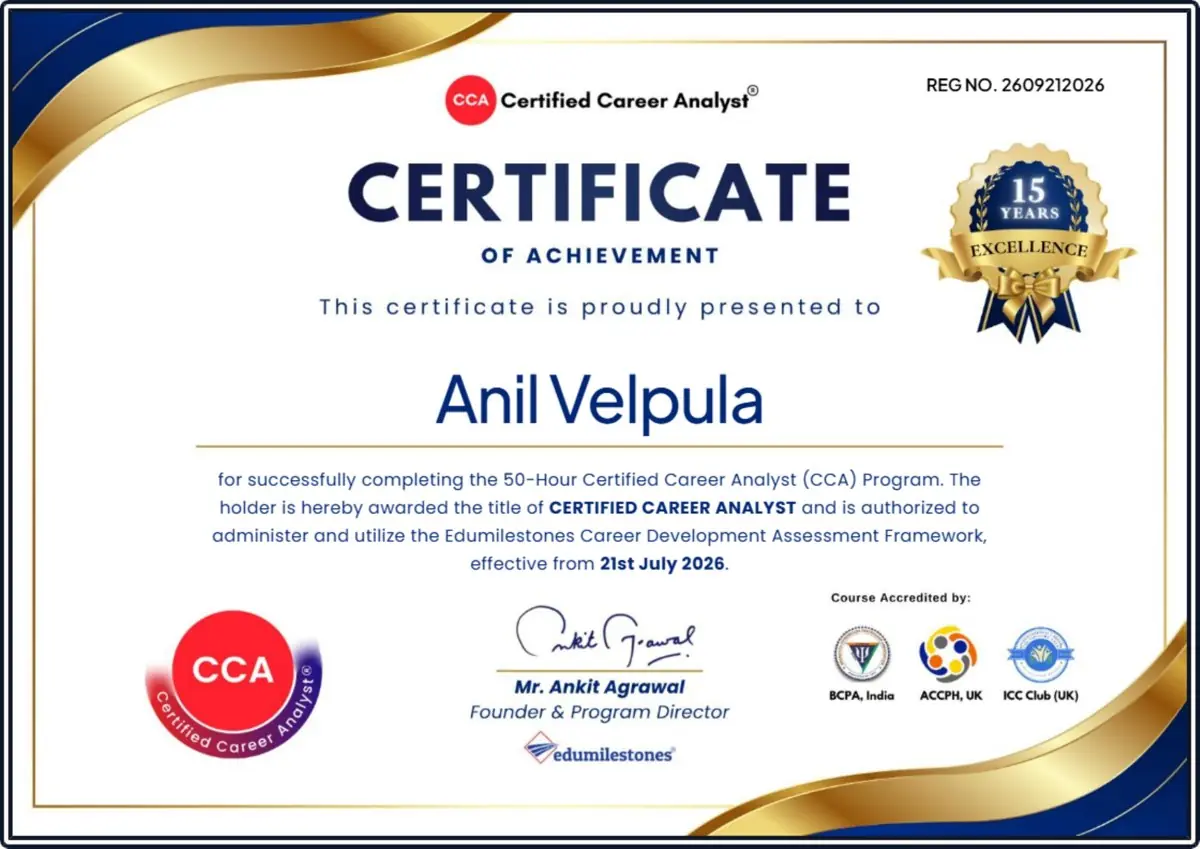 Certified Career Analyst certificate awarded to Anil Velpula, accredited by BCPA India, ACCPH UK and ICC Club UK