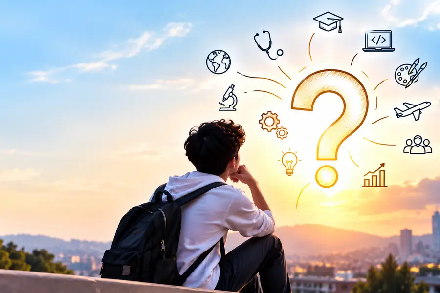 A student looking at a big question mark surrounded by career icons
