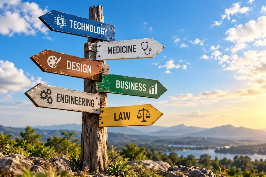 Signpost pointing to career fields such as technology, medicine, design, business, engineering and law