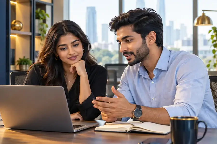 Two working professionals discussing career plans at a laptop