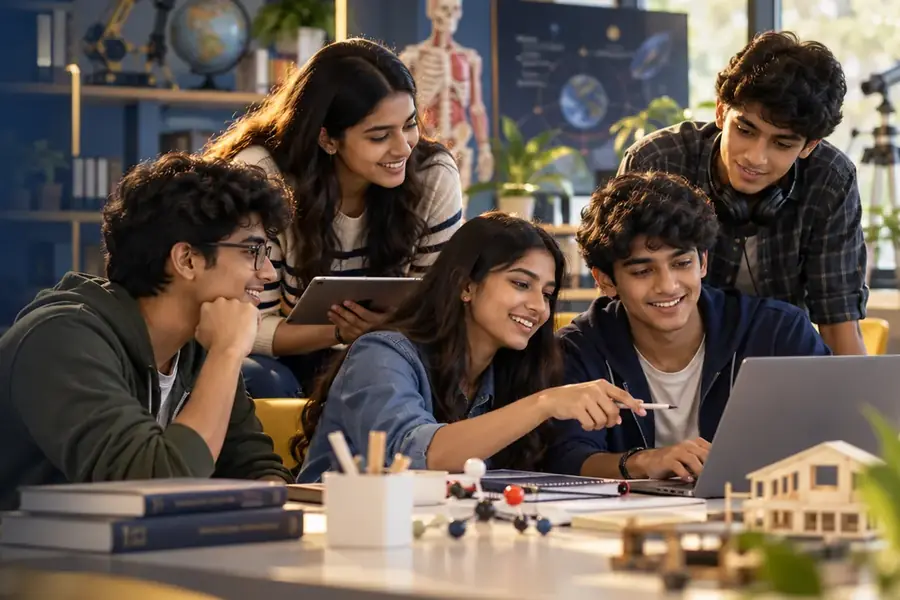 Students exploring career options together at a laptop