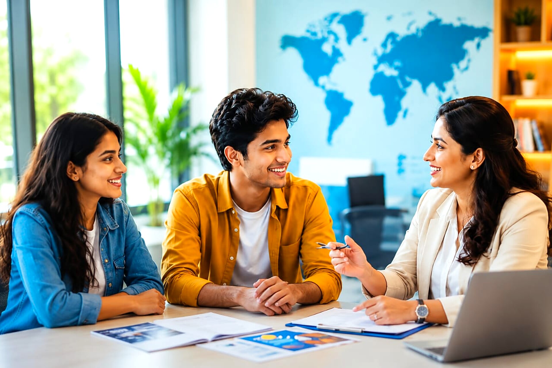 Career counsellor guiding two students in a study abroad consultation