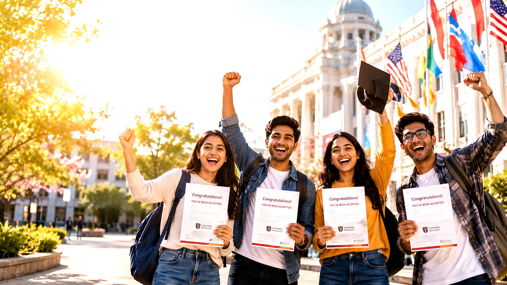 Students celebrating their university acceptance letters
