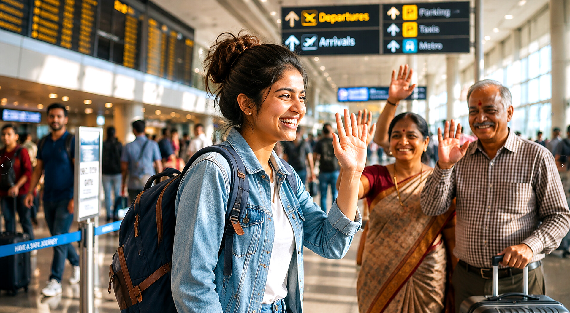 Student waving goodbye to family at the airport before departure