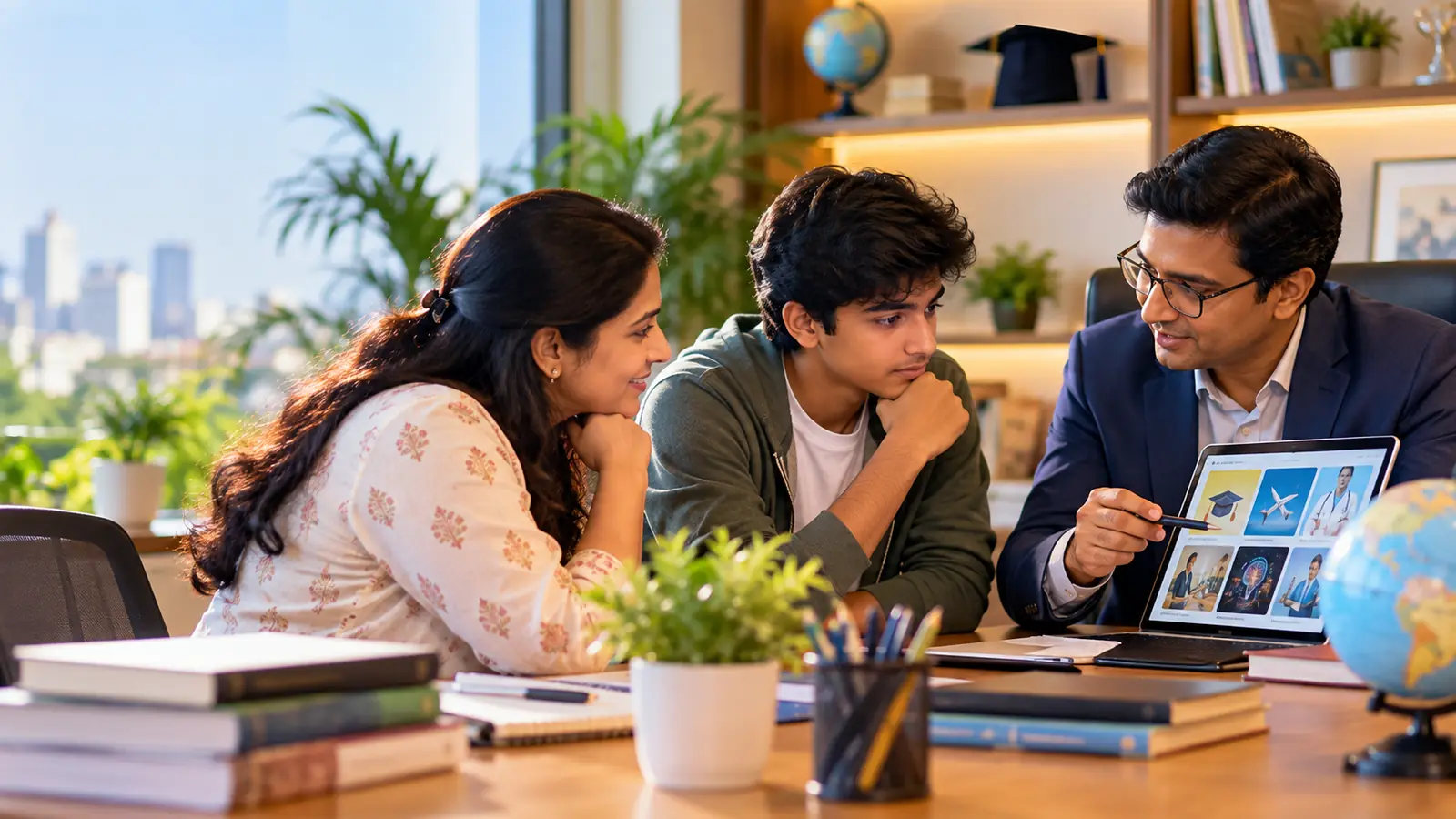 Career counsellor showing a student and parent career options on a laptop