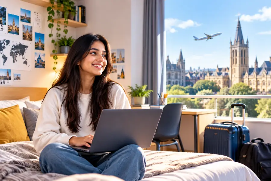 Student relaxing in her room abroad with a view of the university campus