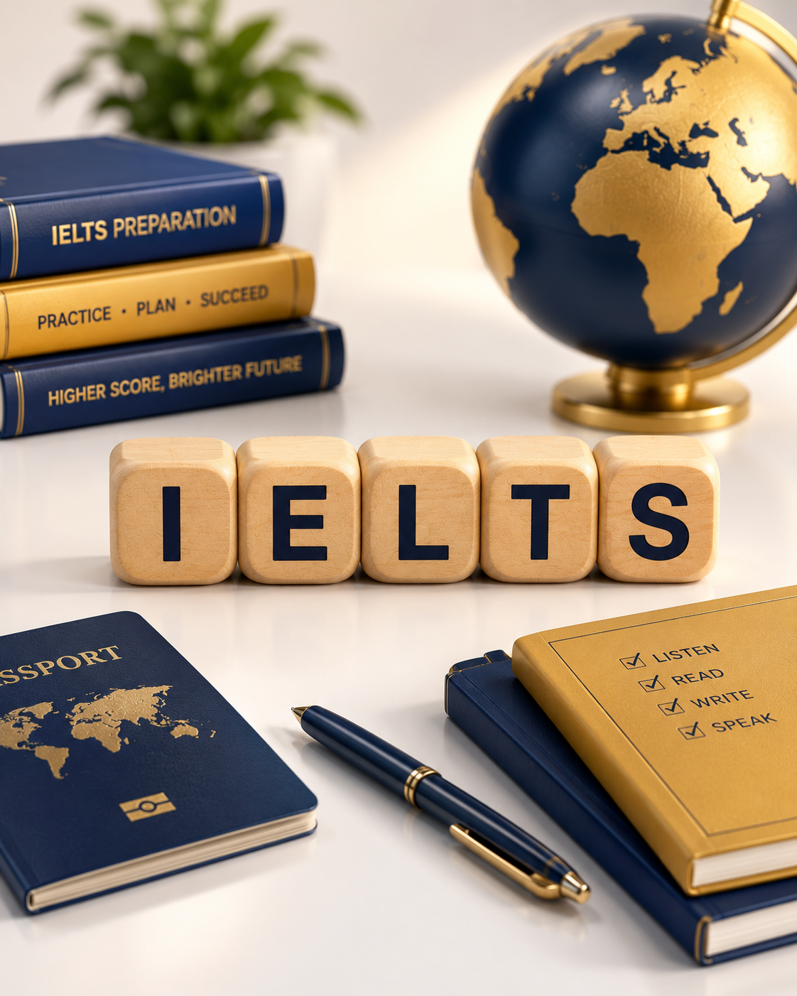 IELTS preparation flat lay with books, globe, and passport
