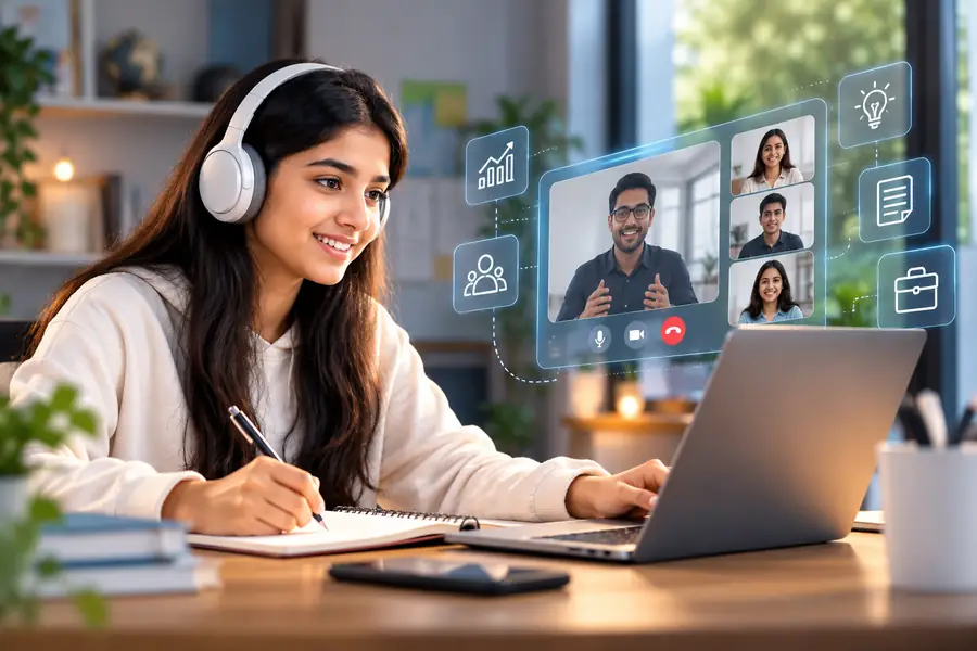 Student in headphones attending a virtual internship call on her laptop