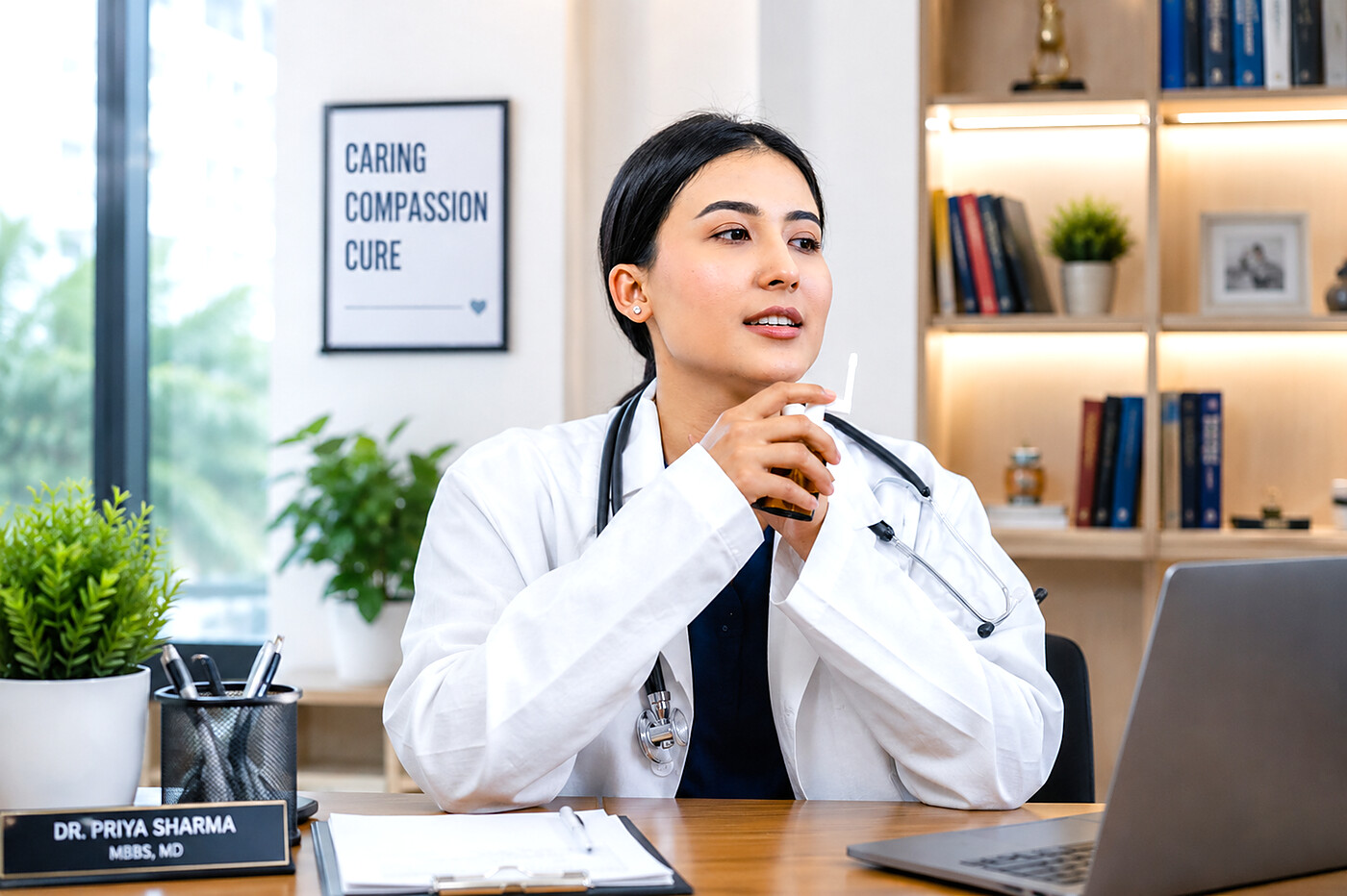 Doctor in a white coat with a stethoscope at her clinic desk