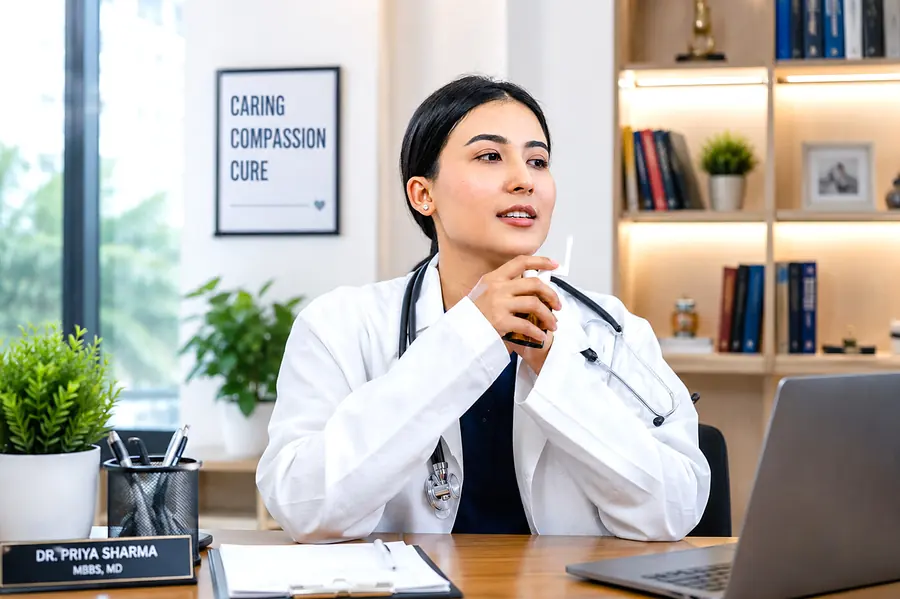 Doctor in a white coat with a stethoscope at her clinic desk