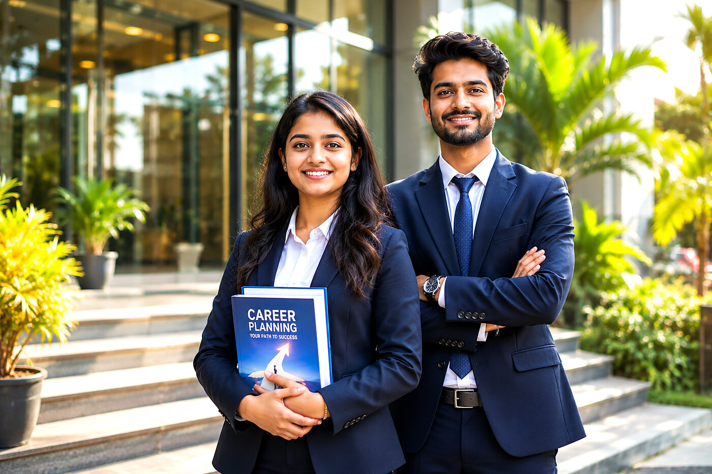 Two confident professionals holding a Career Planning book outside a modern office