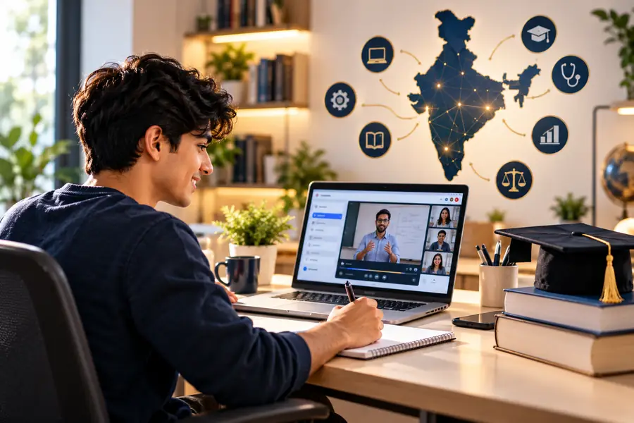 Student attending a live online class from his desk at home