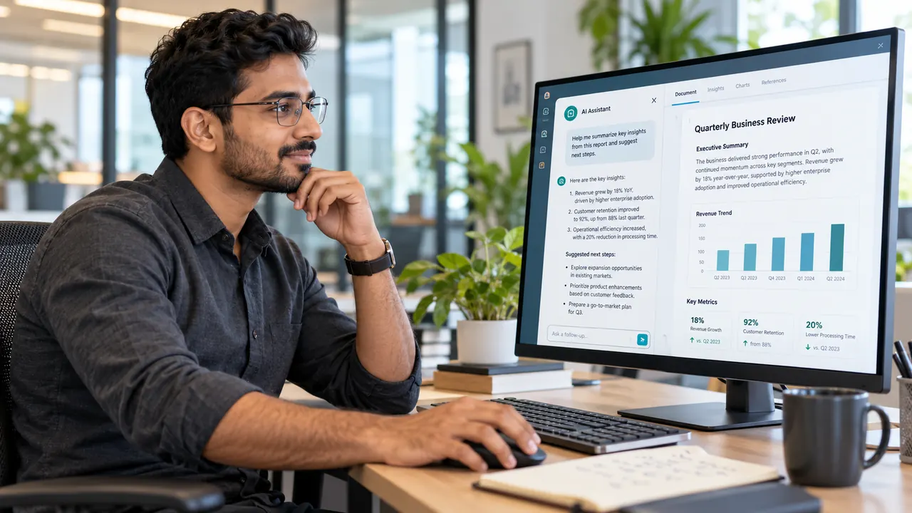 A professional using an AI assistant on his computer to summarise a business report