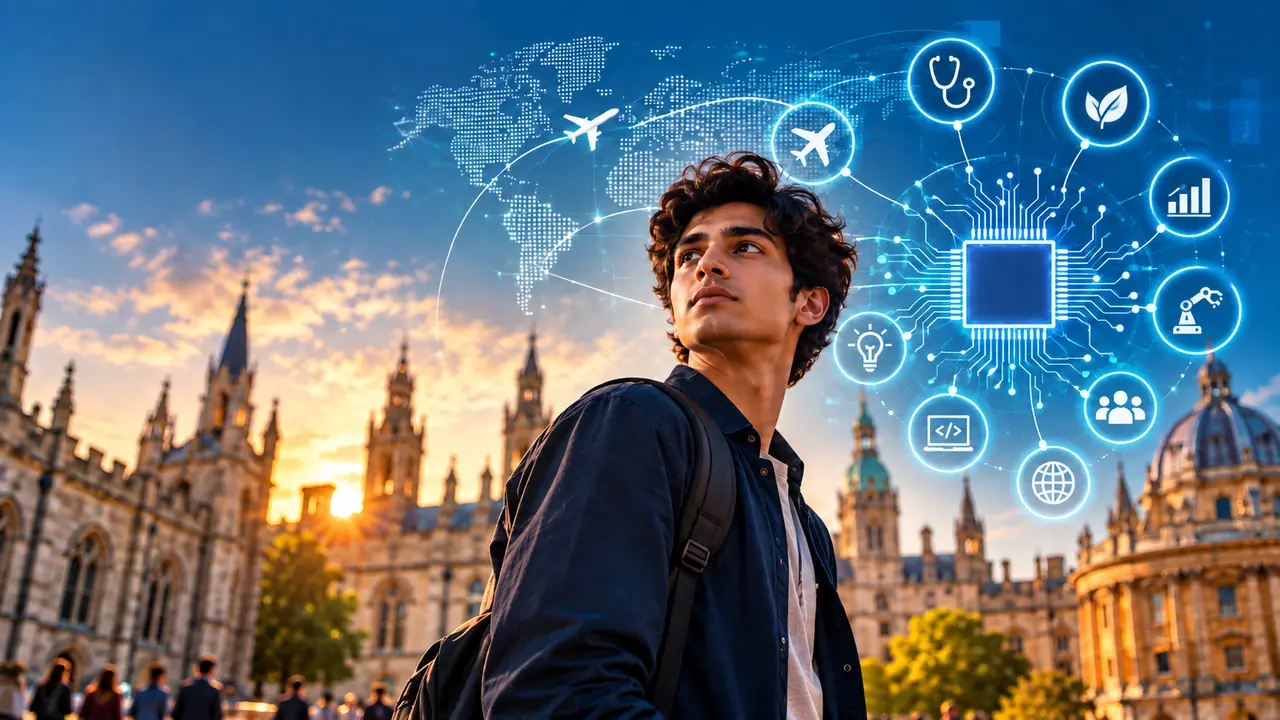 A student with a network of future career icons around an AI chip