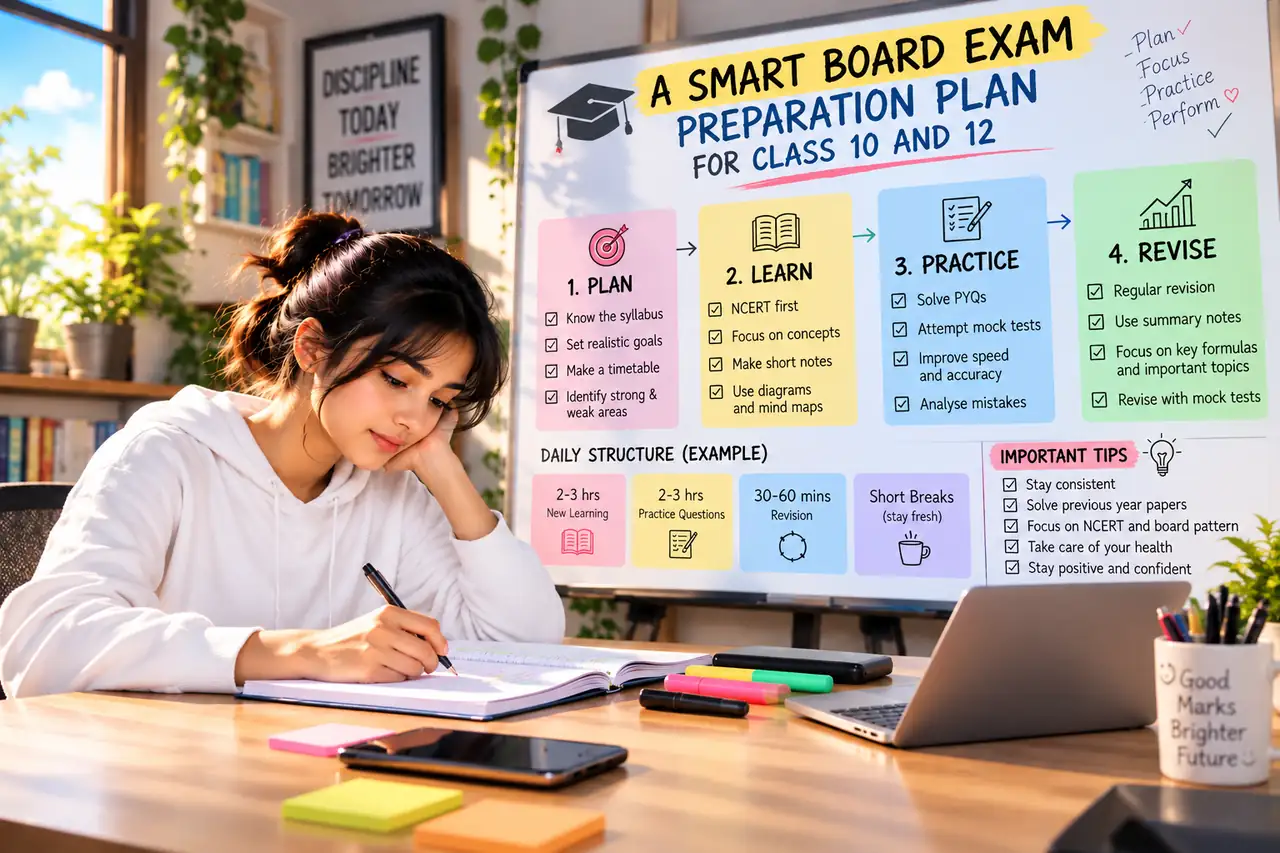 A student studying beside a board showing a smart board exam preparation plan: plan, learn, practise and revise