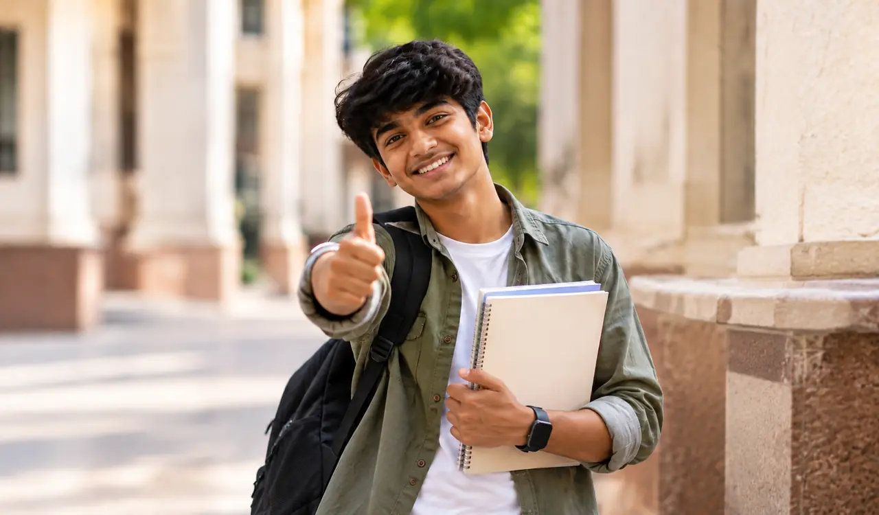 A confident student on a university campus