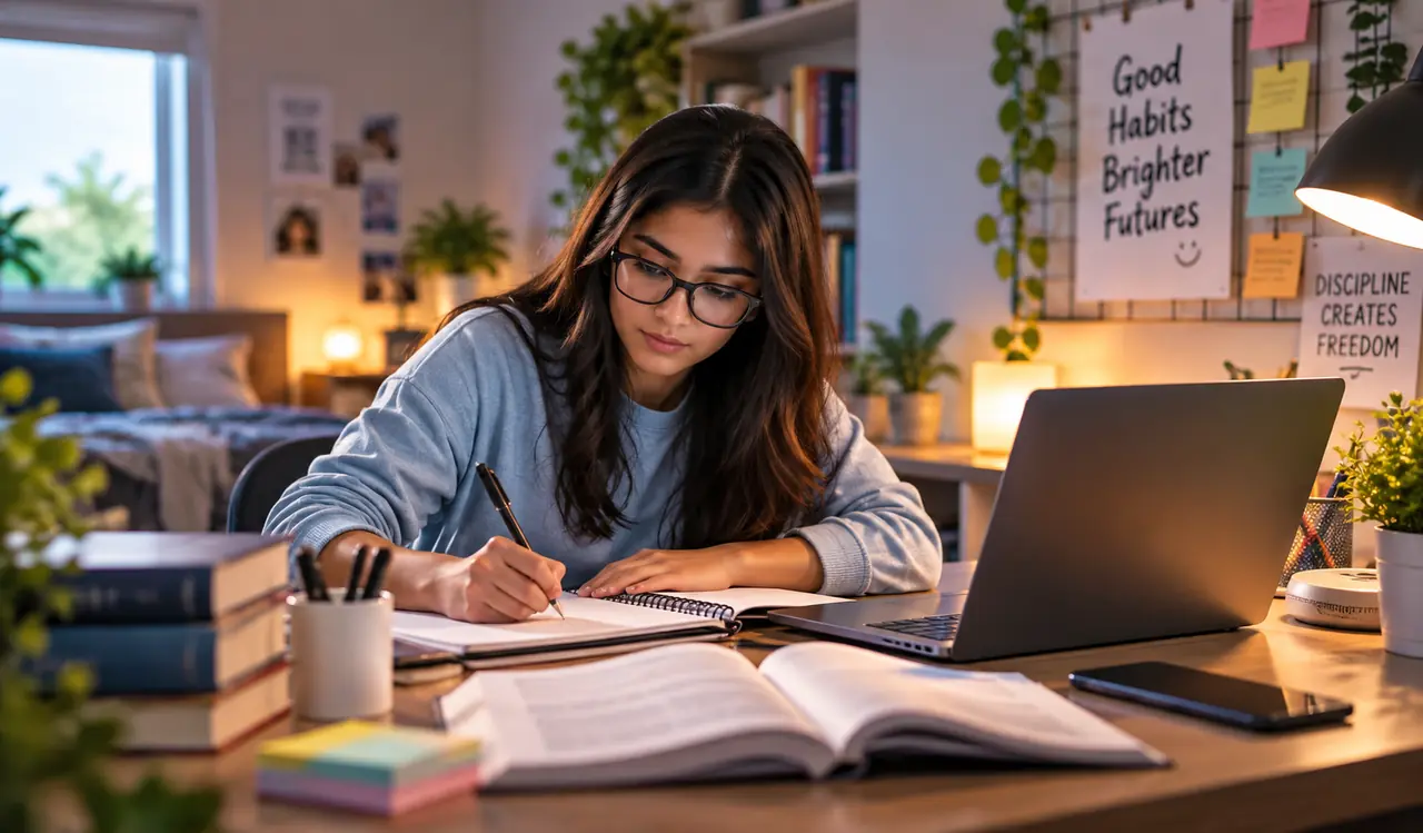 A student studying at a tidy desk