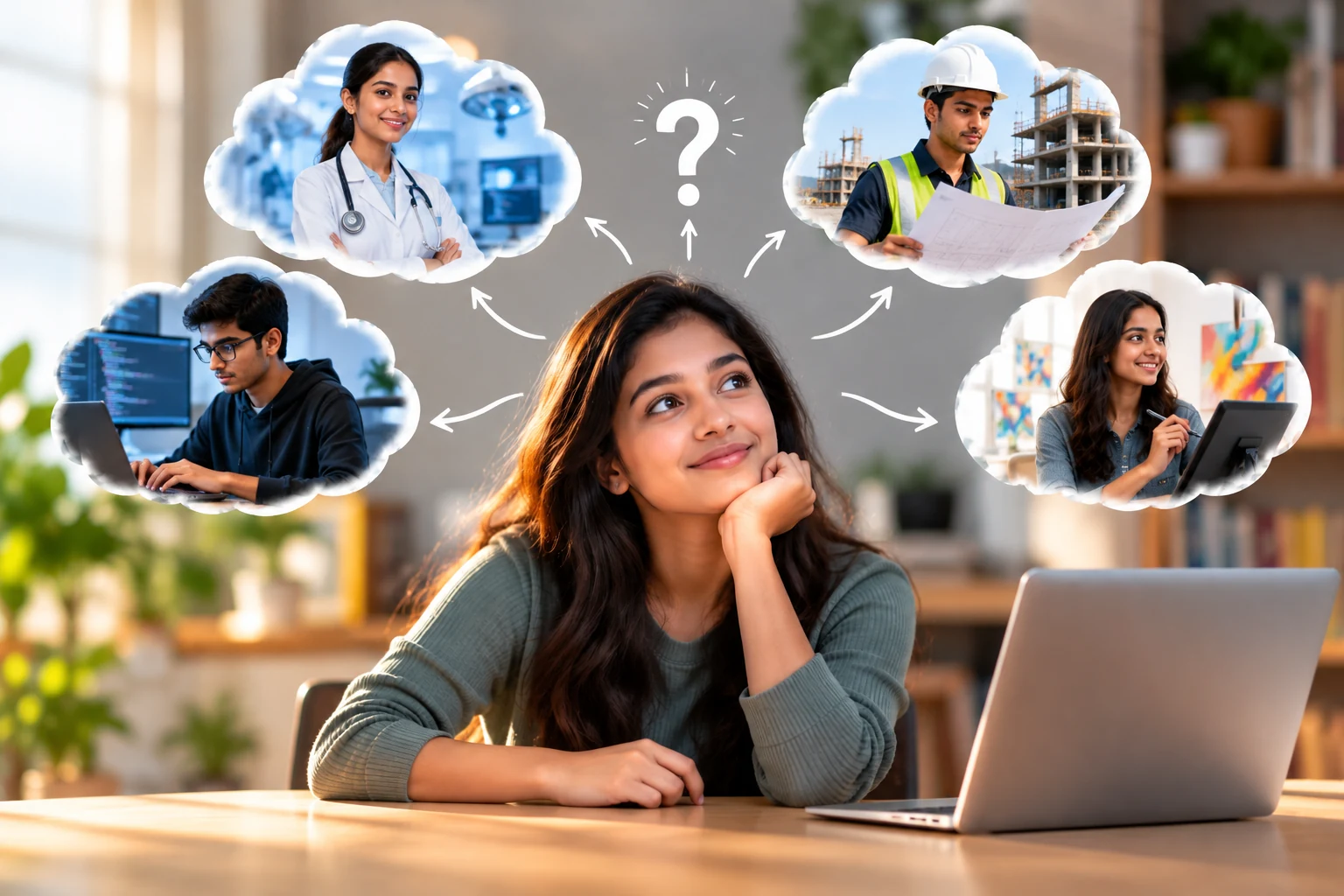 A student thinking about different career paths