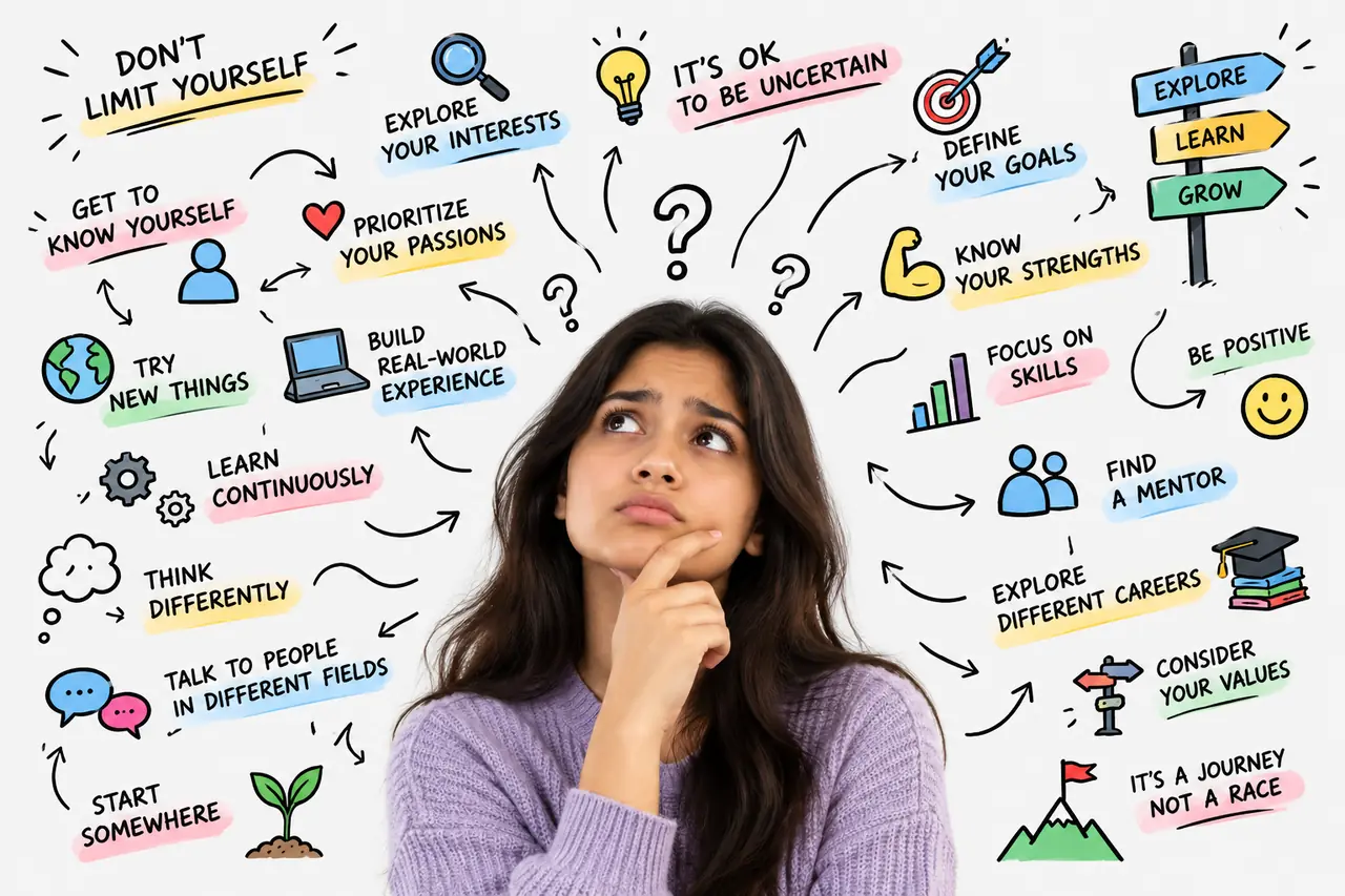 A confused student surrounded by career tips