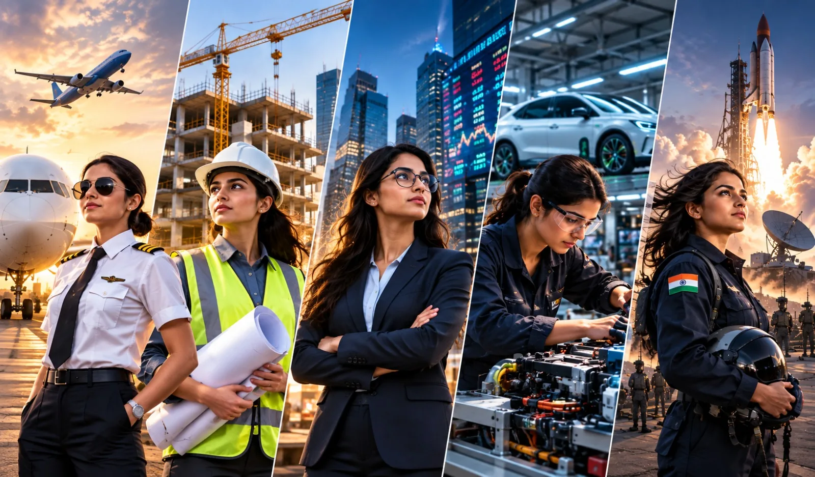 Women working in aviation, construction, finance, electric vehicles and space