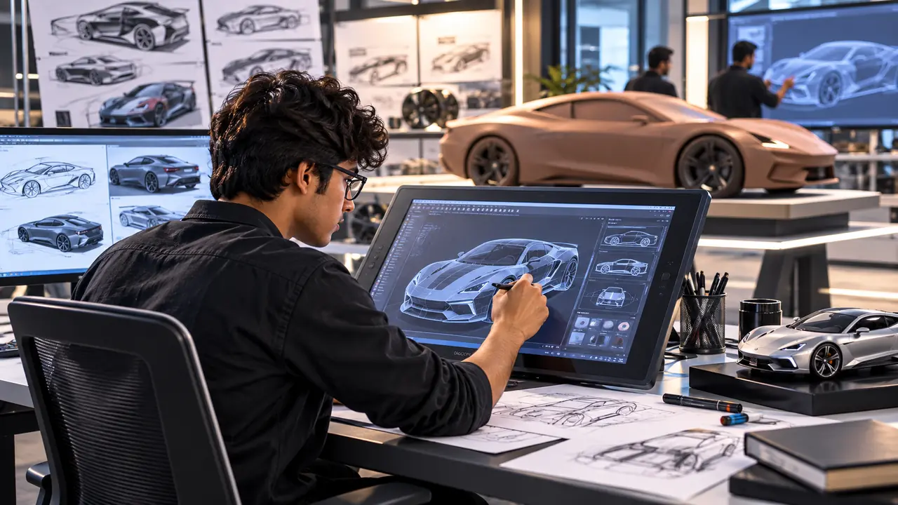 A student designing a car on a digital tablet in a design studio