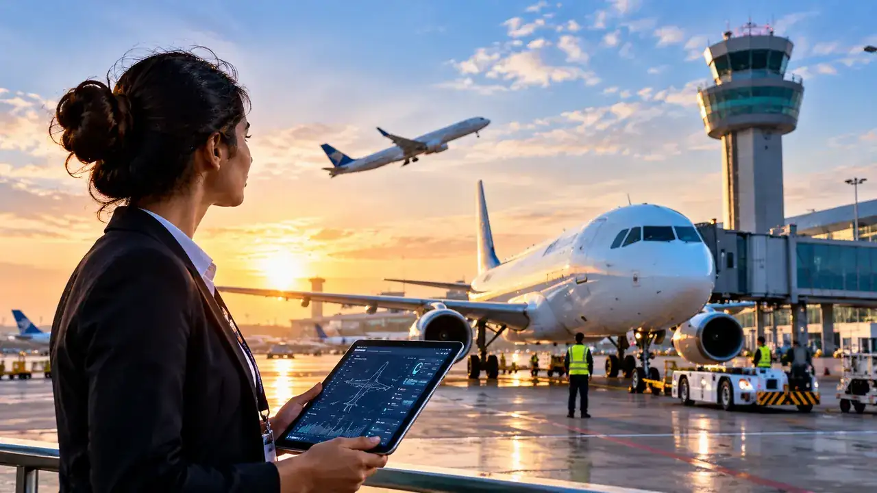 An aviation professional with a tablet watching aircraft and the control tower at an airport
