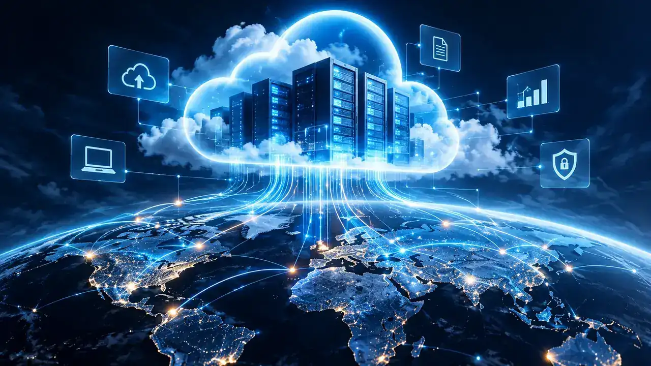 A glowing cloud of servers connected to a world map, representing cloud computing