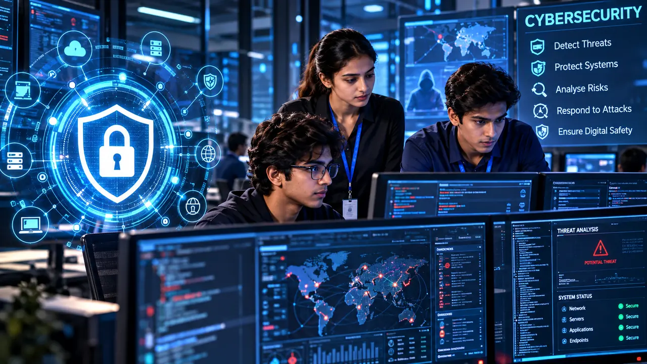 Students monitoring threats in a cybersecurity operations centre