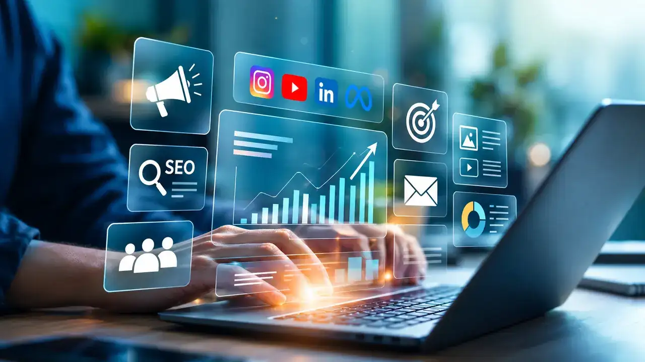 A person working on a laptop with digital marketing icons for SEO, social media, email and analytics