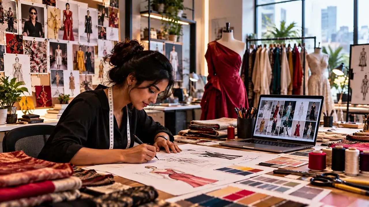A fashion designer sketching garments in a studio with fabrics, colour swatches and dress forms