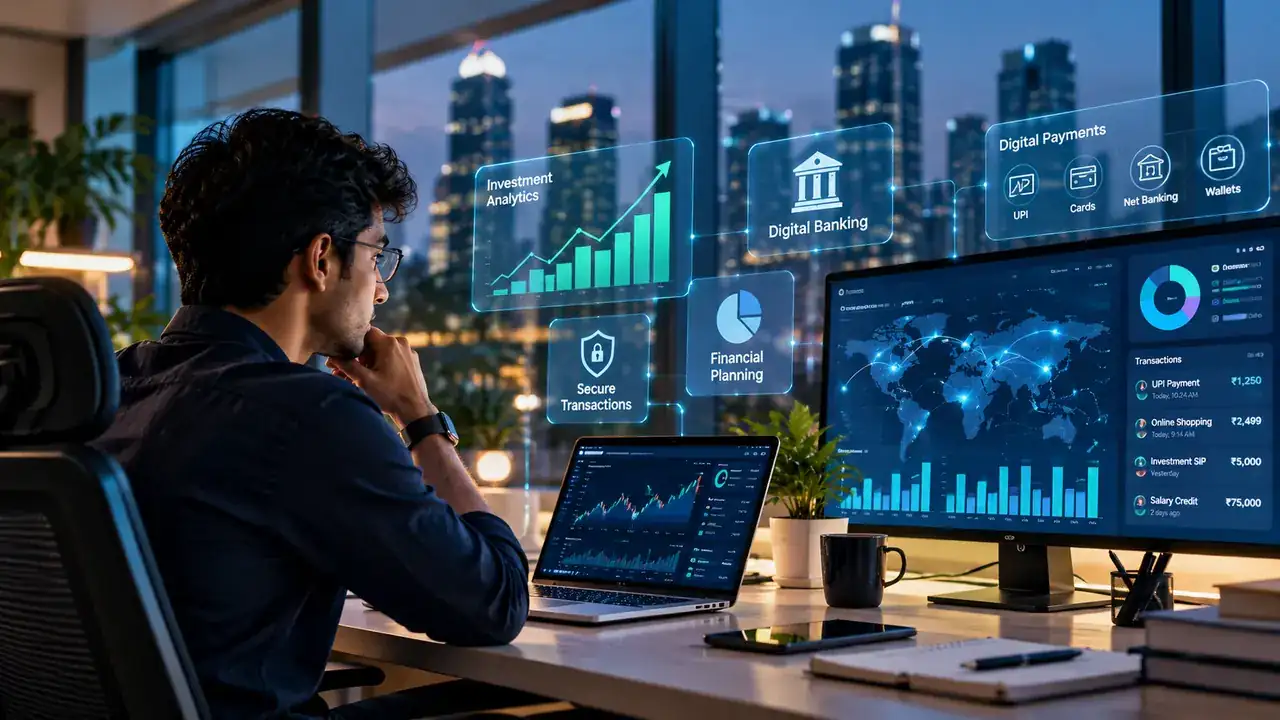A fintech professional studying digital banking, payments and investment dashboards