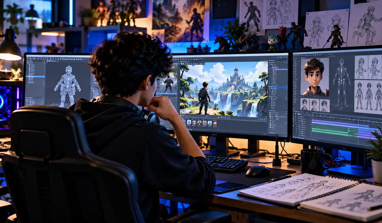 A student designing a game world and characters across three screens
