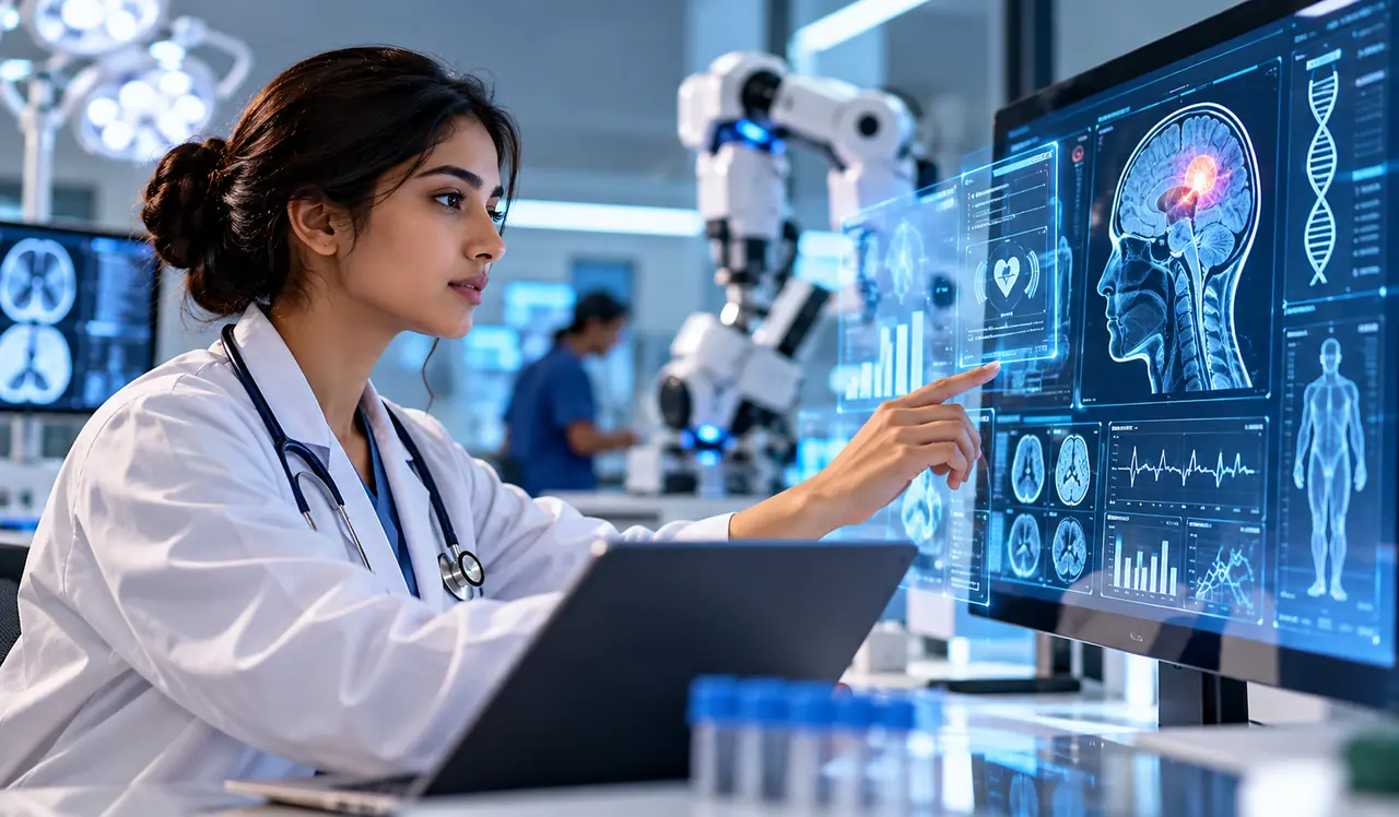 A doctor reviewing digital scans with healthcare technology