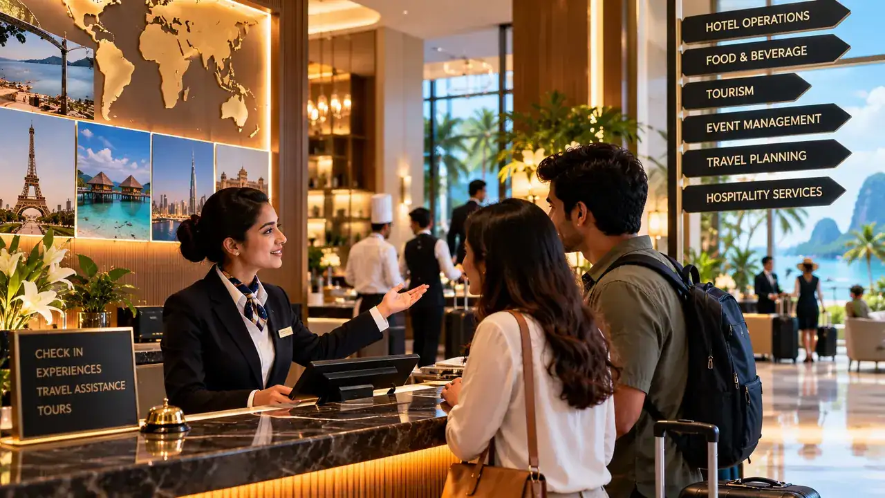 A hotel receptionist welcoming travellers at a front desk, with signs for hotel operations, tourism and events