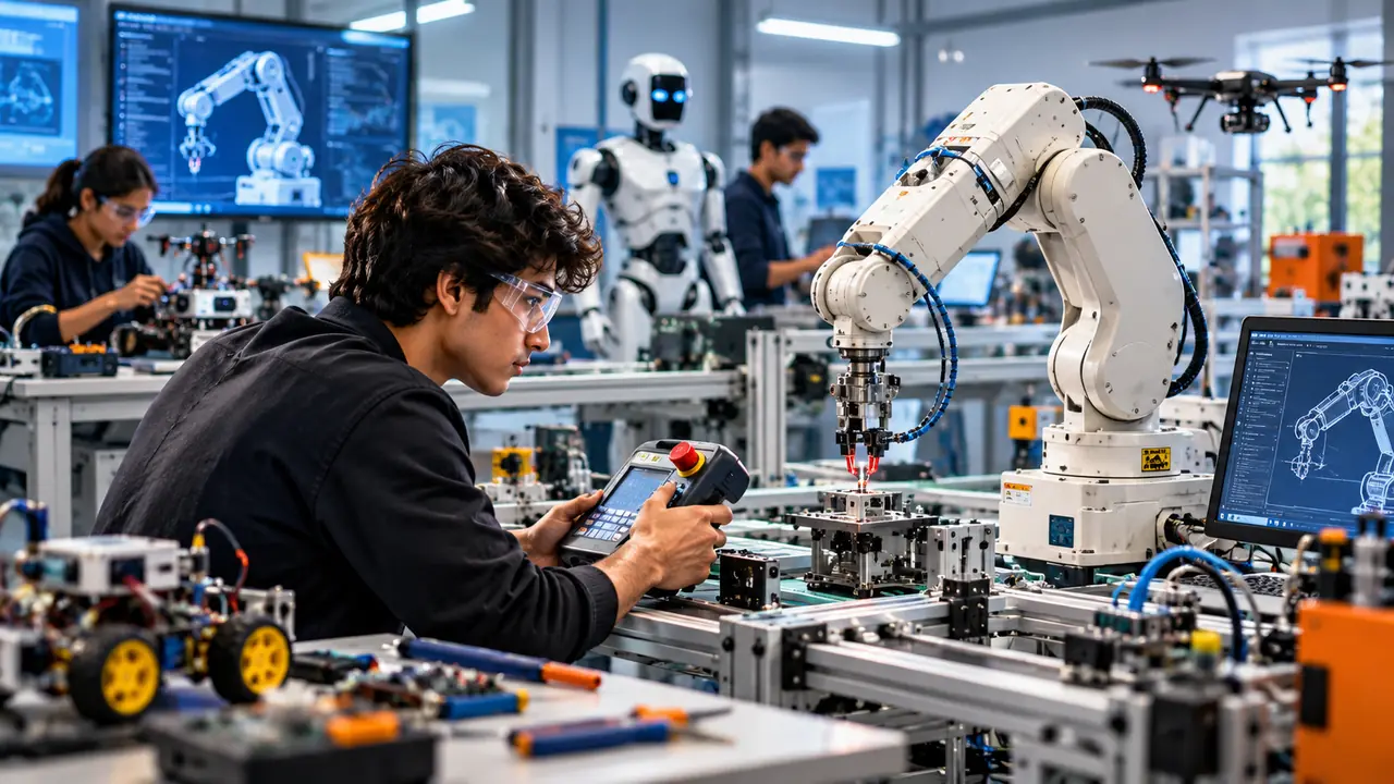 A student programming a robotic arm in a robotics lab