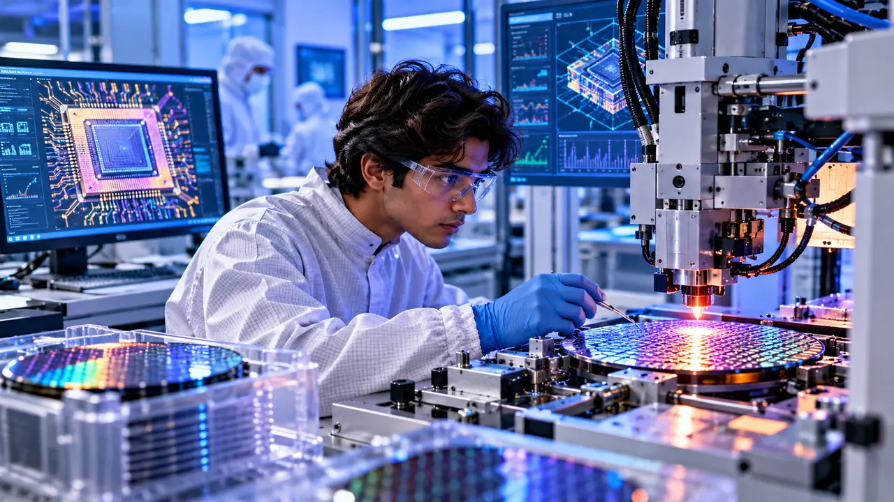 A student inspecting a silicon wafer in a chip lab