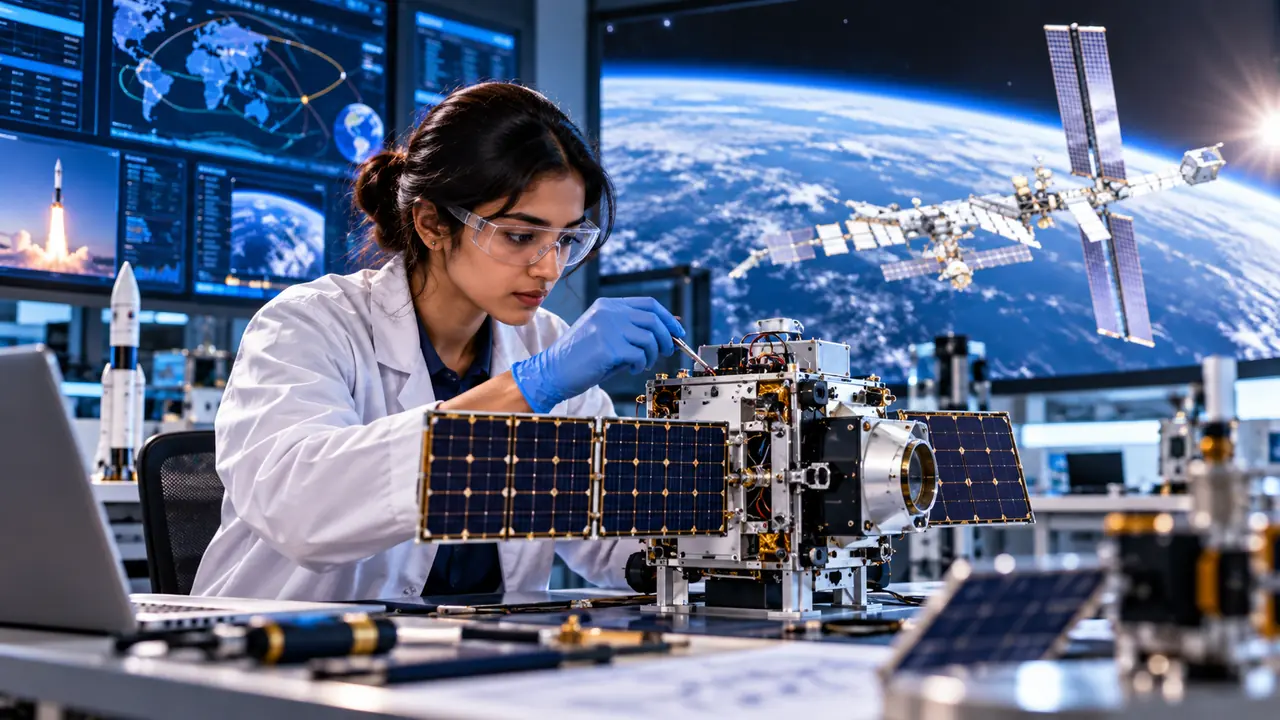 A student assembling a satellite in a space lab
