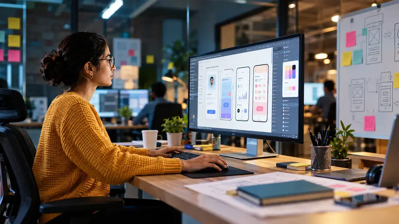 A UI/UX designer working on mobile app screens in a design studio