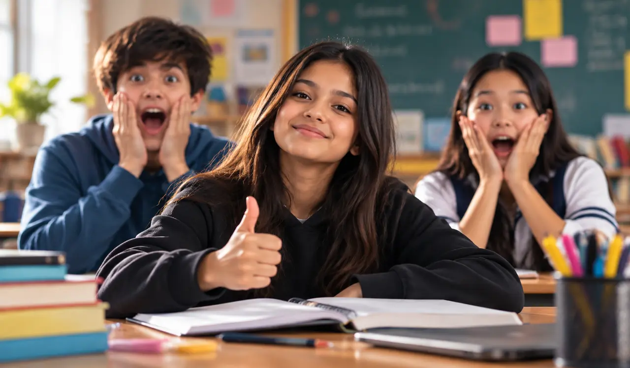 A confident student giving a thumbs up in class