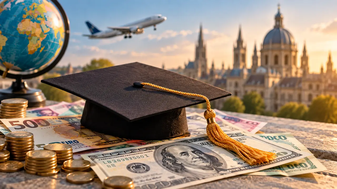 A graduation cap on banknotes with a globe and plane