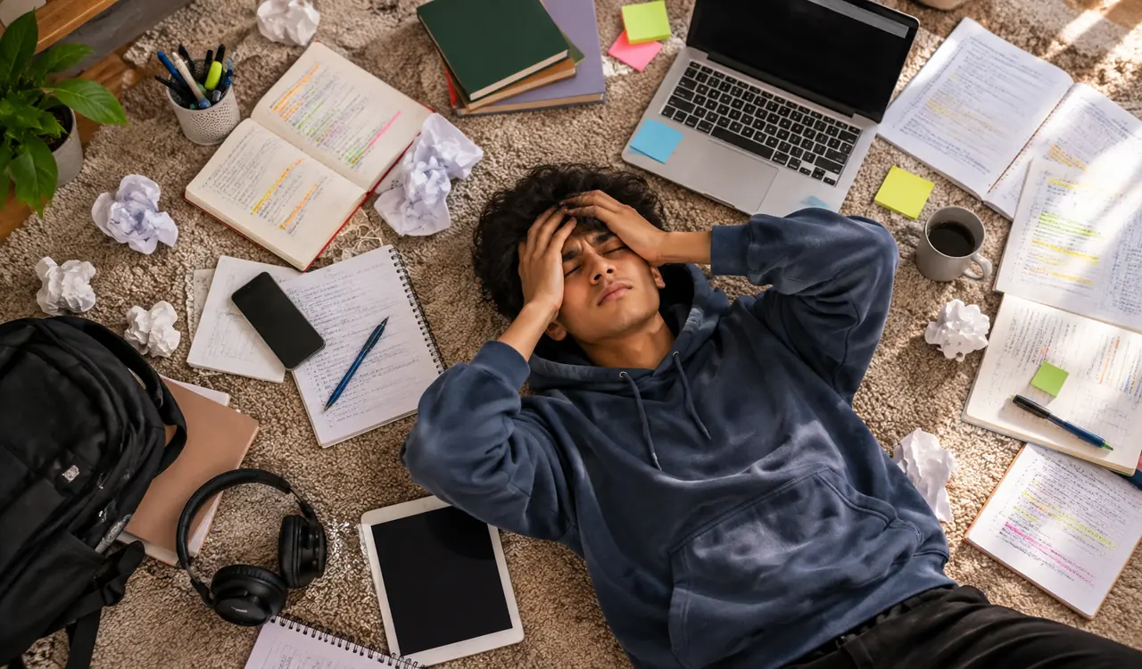 A stressed student surrounded by study notes