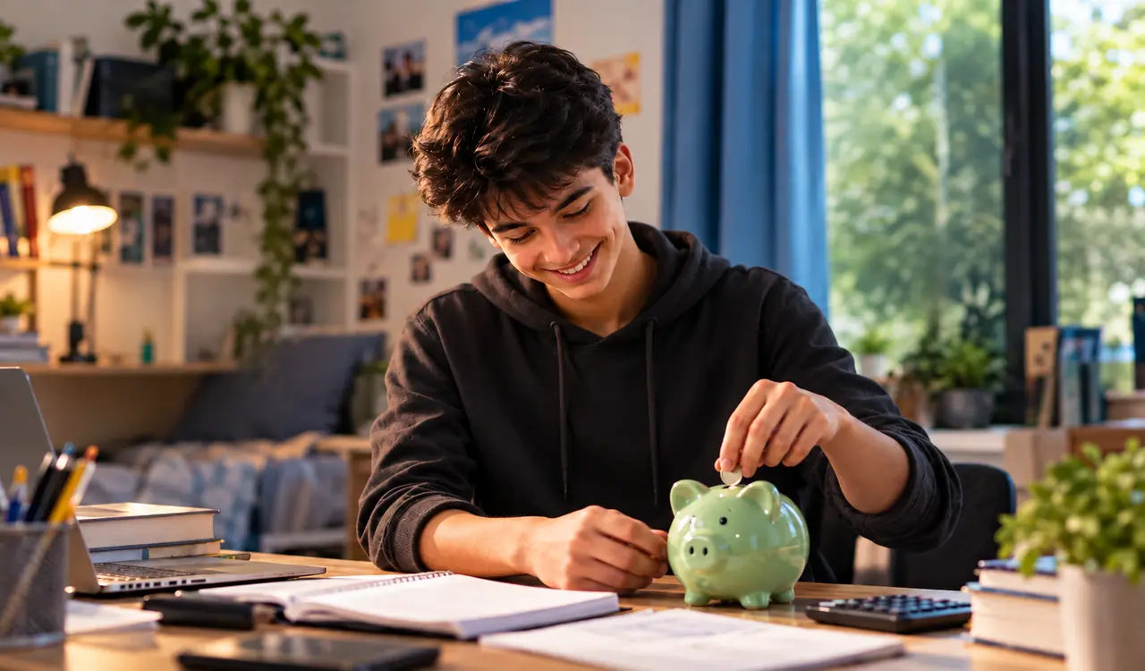 A student saving money in a piggy bank