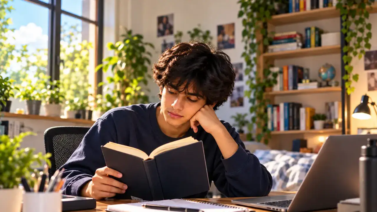 A student reading a book at his desk in a sunny room full of books and plants