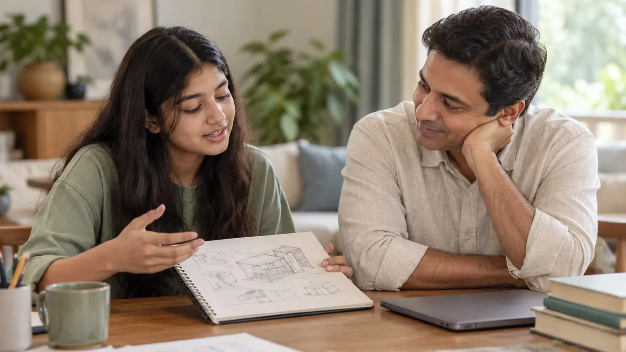 A daughter showing her father her design sketches while he listens